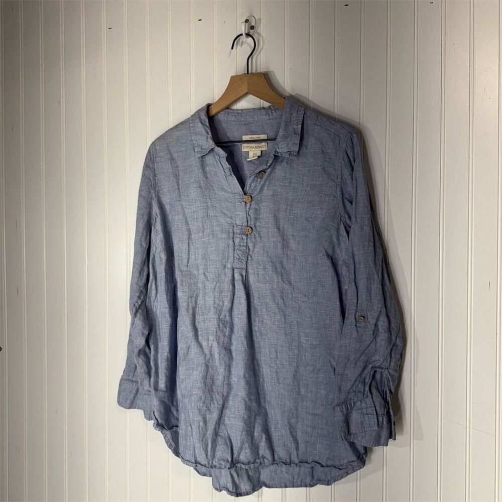 Cynthia Rowley 1X 100% Linen Chambray Blue Tunic Shirt Top Boho Beachy Preppy